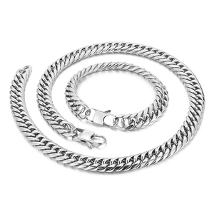 Mens silver cuban link chain jewelry set featuring matching necklace and bracelet links