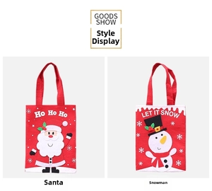 Detailed view of Santa and Snowman felt gift bags with HO HO HO and LET IT SNOW text