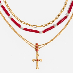 Beaded Necklace 18K Gold Plated Stainless Steel Natural Red Stone Artificial Pearl Waterproof Hypoallergenic Vacation For Women