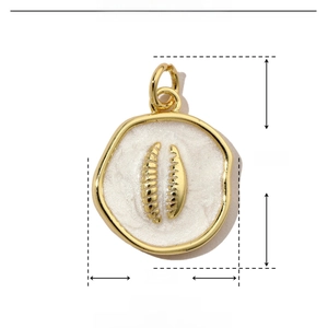 Detail showing 21mm enamel shell pendant size with copper material and weight specs