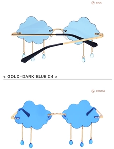 Detailed front and back views of cloud-shaped rimless sunglasses with raindrop tassels