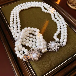 Multi Layer Imitation Artificial Pearl Necklace And Bracelet Alloy Rhinestone Flower Clasp French Vintage Luxury Elegant Jewelry
