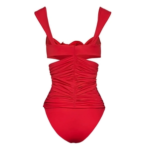 Rear view of red one-piece swimsuit featuring elegant back cutout and ruched textured fabric