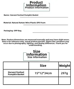 Detailed size chart for the harvest pumpkin flower basket showing 15x12x34cm dimensions