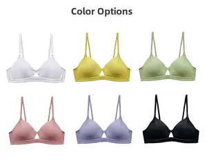 Color display of thin ribbed wireless bras in six soft tones with hollow-out details