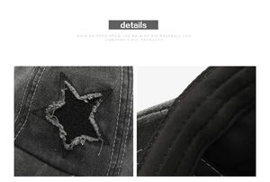 Detail of vintage washed baseball cap showing distressed star patch and neat stitching