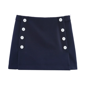 Navy blue double-breasted A-line mini skirt with decorative white buttons on a white background