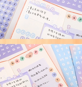 Detail showing cream alphabet stickers and aesthetic phrases used for DIY journal decoration