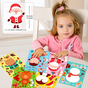 Toddler playing with 4.6x6.2 inch Christmas DIY face stickers featuring Santa and reindeer