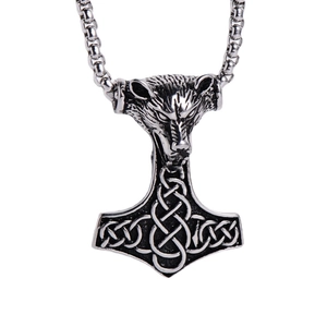 Vintage punk silver stainless steel Mjolnir hammer pendant with wolf head and Celtic knot