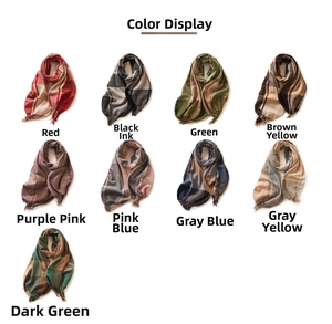 Detailed color selection showing nine plaid patterns on thick cashmere-like scarves with tassels