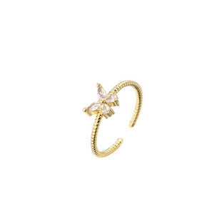 Gold-plated butterfly open ring with zircon inlay and textured cross band