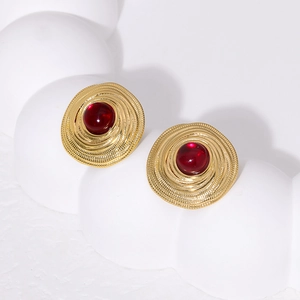 French court style titanium steel stud earrings with red round stone in gold finish