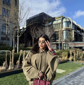 Fashionable olive suede texture jacket for women with long sleeves in street style