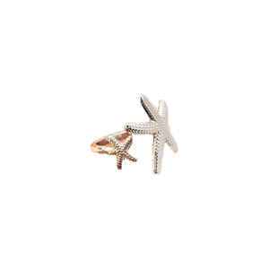 Marine style stainless steel ring featuring double starfish design in rose gold and silver