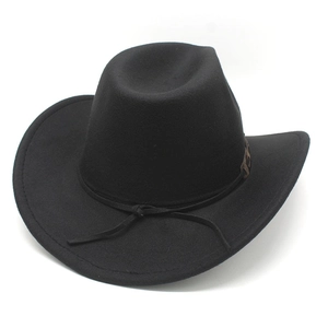 Detail of a black wool felt western cowboy hat featuring classic stitching and rope band