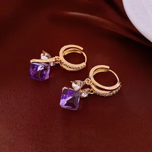 Vintage gold hoop earrings with purple square crystal and teardrop zircon pendants
