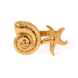 18k gold plated stainless steel starfish and seashell open ring on white background