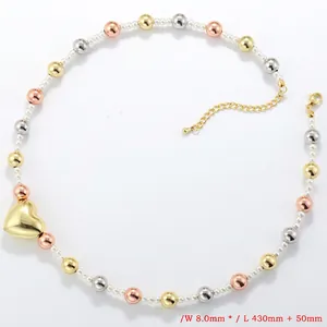 Three-tone metal bead necklace with heart pendant and white pearls, 43cm long plus extension