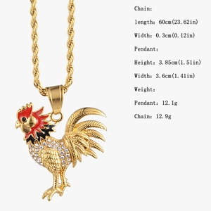 Detail of golden rooster pendant with white crystals and 60cm rope chain specifications