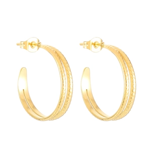 Vintage textured gold C-shape stainless steel wheat pattern hoop earrings for women
