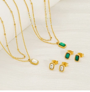 Detailed view of a gold-tone stainless steel jewelry set with green emerald-cut gemstones