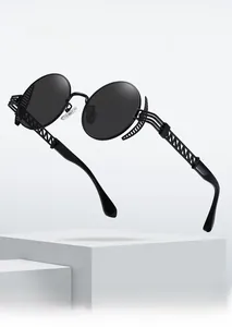 Detail view of round punk sunglasses featuring geometric hollowed metal temples and nose pads