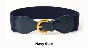 Detail of navy blue elastic waist belt featuring a brushed gold round alloy buckle