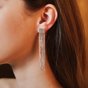 Detailed close-up of long silver tassel earrings with shimmering cubic zirconia settings