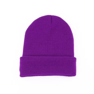 Detailed knit texture of purple winter beanie hat in high-quality solid acrylic yarn