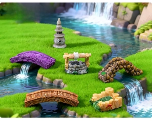 Miniature resin bridge and stone well ornaments for micro landscape garden decor
