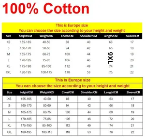 Detailed European size chart for 100% cotton T-shirts with height and weight guide