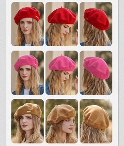 Detail view of wool berets in red and khaki showing fabric texture and multiple angles