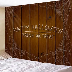 Halloween Wandteppich mit Spinnennetz und Holzoptik für die Schlafzimmerdekoration