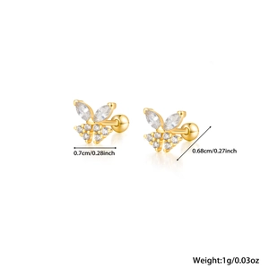 Detailed dimensions of golden 925 silver butterfly stud earrings with zircon inlay