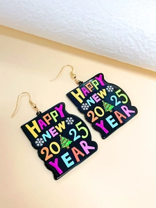 Macro shot of 2025 Happy New Year acrylic drop earrings with snowflake and gold hooks
