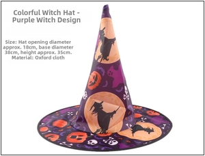 Detailed size view of purple Halloween witch hat with pumpkin and bat prints