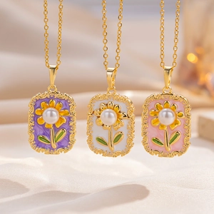 Sonnenblume Anhänger Halskette Titanstahl Emaille Künstliche Perle Vintage Ölgemälde Stil Leicht Luxus Schlüsselbeinkette