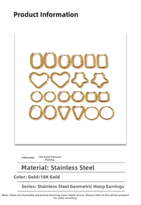 Detailed specs of 18K gold plated stainless steel geometric earrings in various shapes