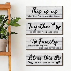 Set of 4 farmhouse style wooden wall plaques with rustic white grain and family quotes