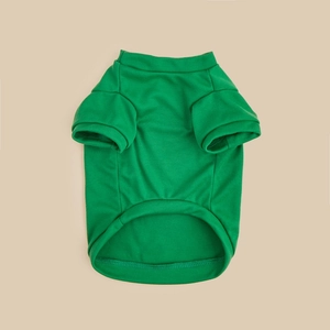 Detail view of a green pet T-shirt featuring a ribbed crew neck and soft knit fabric