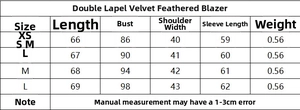 Size chart for double-breasted velvet feather blazer with measurements in centimeters
