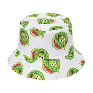 Close-up of white bucket hat featuring cute cartoon watermelon patterns and wide brim