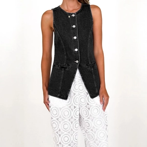 Women's vintage black slim fit denim vest with silver buttons and sleeveless design