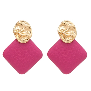 Fuchsia faux leather diamond drops with hammered gold studs for stylish geometric earrings