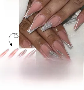 Long ballerina press-on nails featuring nude base with silver glitter and white tips
