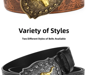 Close-up of western cow head buckle and embossed floral pattern on leather belts