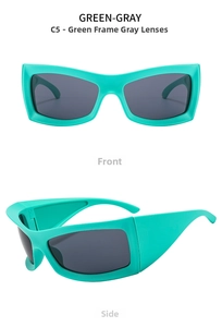 Futuristic mint green sports sunglasses with grey lenses, front and side view display