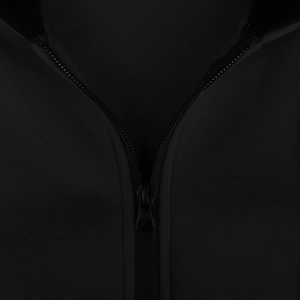 Macro shot of durable black metal zipper and fabric texture on a men's fleece hoodie