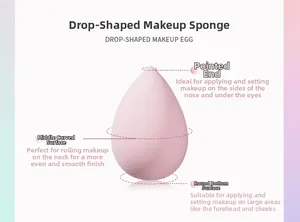 Macro detail of a soft pink teardrop beauty sponge with facial application guide